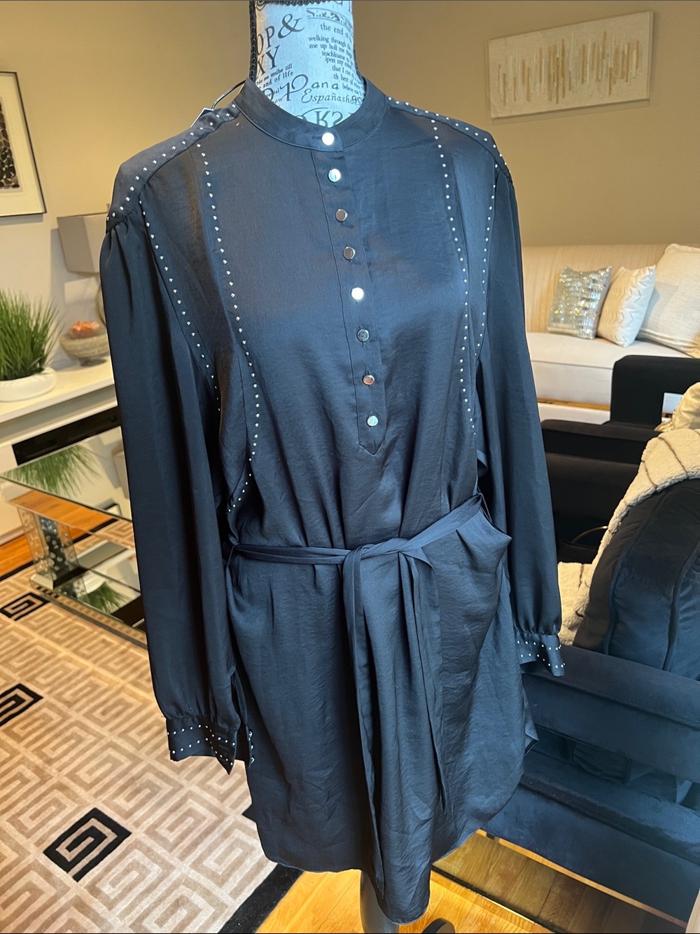 Rebecca minkoff Black Long Sleeve Belted Shirt Dress with Stud Trim